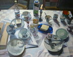 Abb. Alex Winiger, Frühstückstisch, 2008, 105x130 cm, Eitempera und Öl auf Baumwolle
