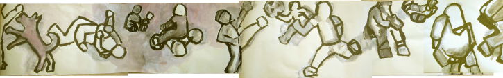 Abb. Alex Winiger, Jeux d'enfants, 2005-2006, Bleistift, Eitempera und Öl auf Papier (Entwurf, gerahmt in drei Teilen), 400x60 cm
