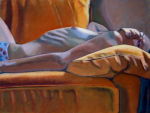 Abb. Alex Winiger, Akt auf orangem Sofa, 2006-2009, Öl auf Holz, 30x40 cm