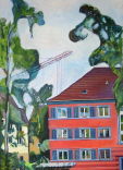 Abb. Alex Winiger, Rotes Haus, 2008, Eitempera und Öl auf Baumwolle